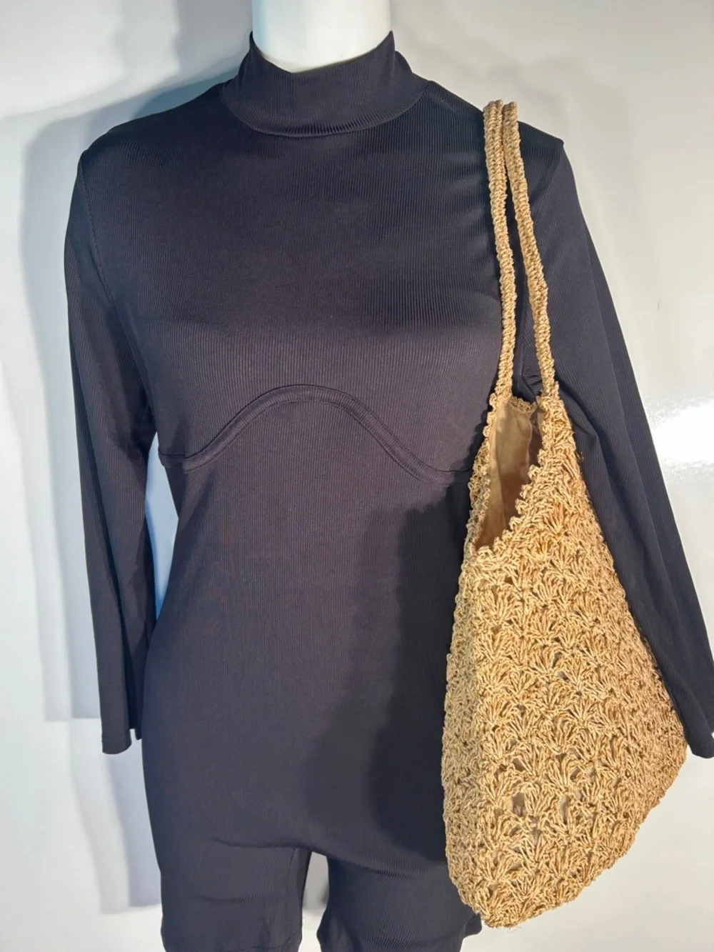Xhilaration Crochet Raffia & Gold Metallic Tote Bag Boho Travel Beach Cottage